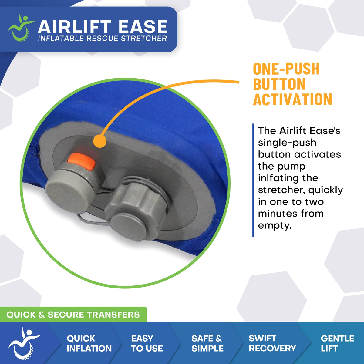 Single Push Button Activate the Built-In Pump of the Airlift Ease Inflatable Portable Stretcher