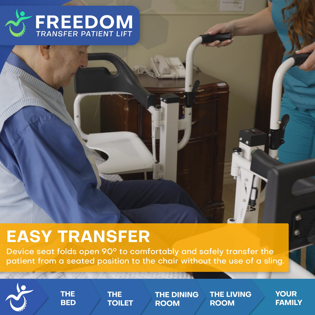 Freedom Transfer Patient Lift the seat opens to 90 degrees wide to fit patient