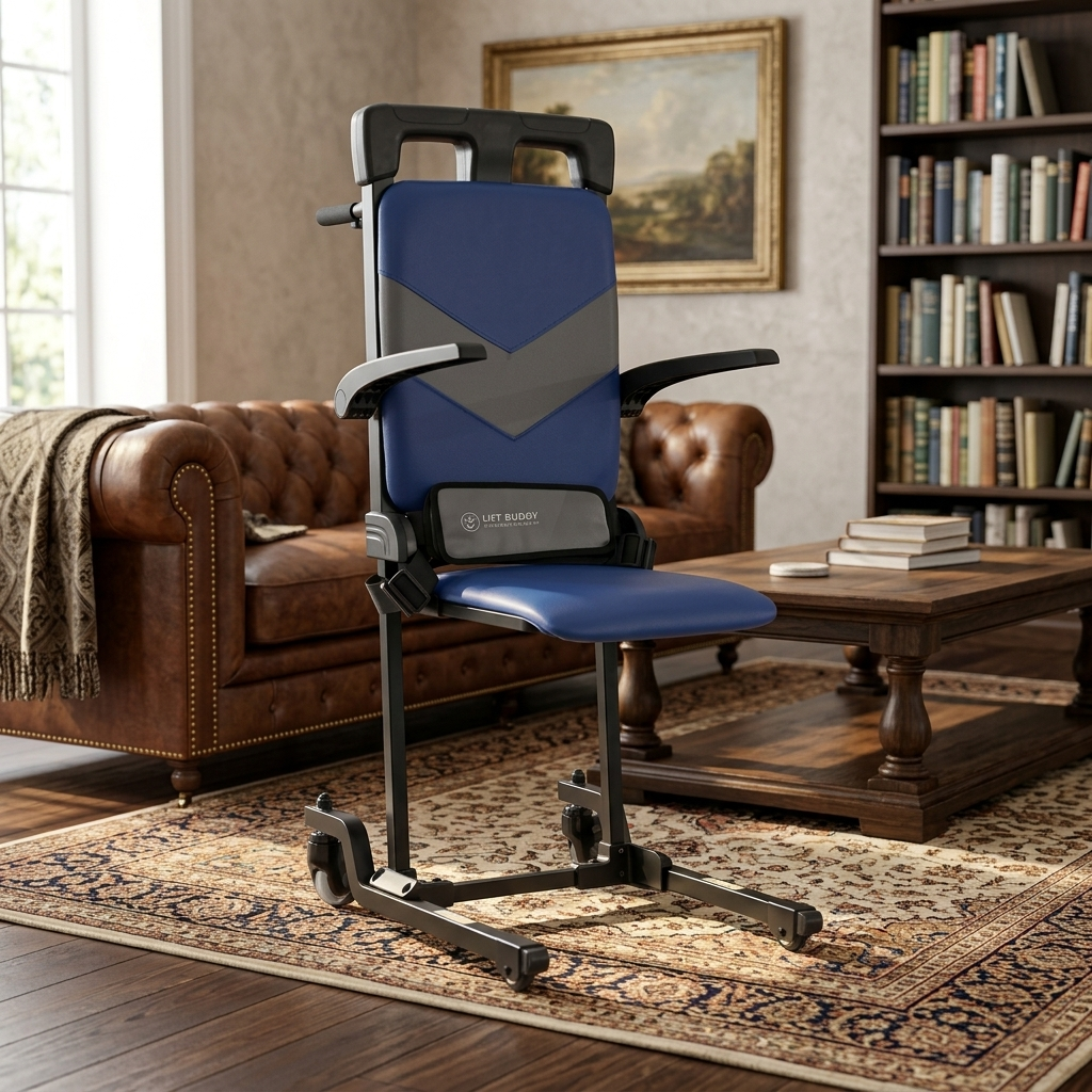 Blue and black adjustable fall recovery chair in a living room setting with a brown leather sofa and bookshelf.
