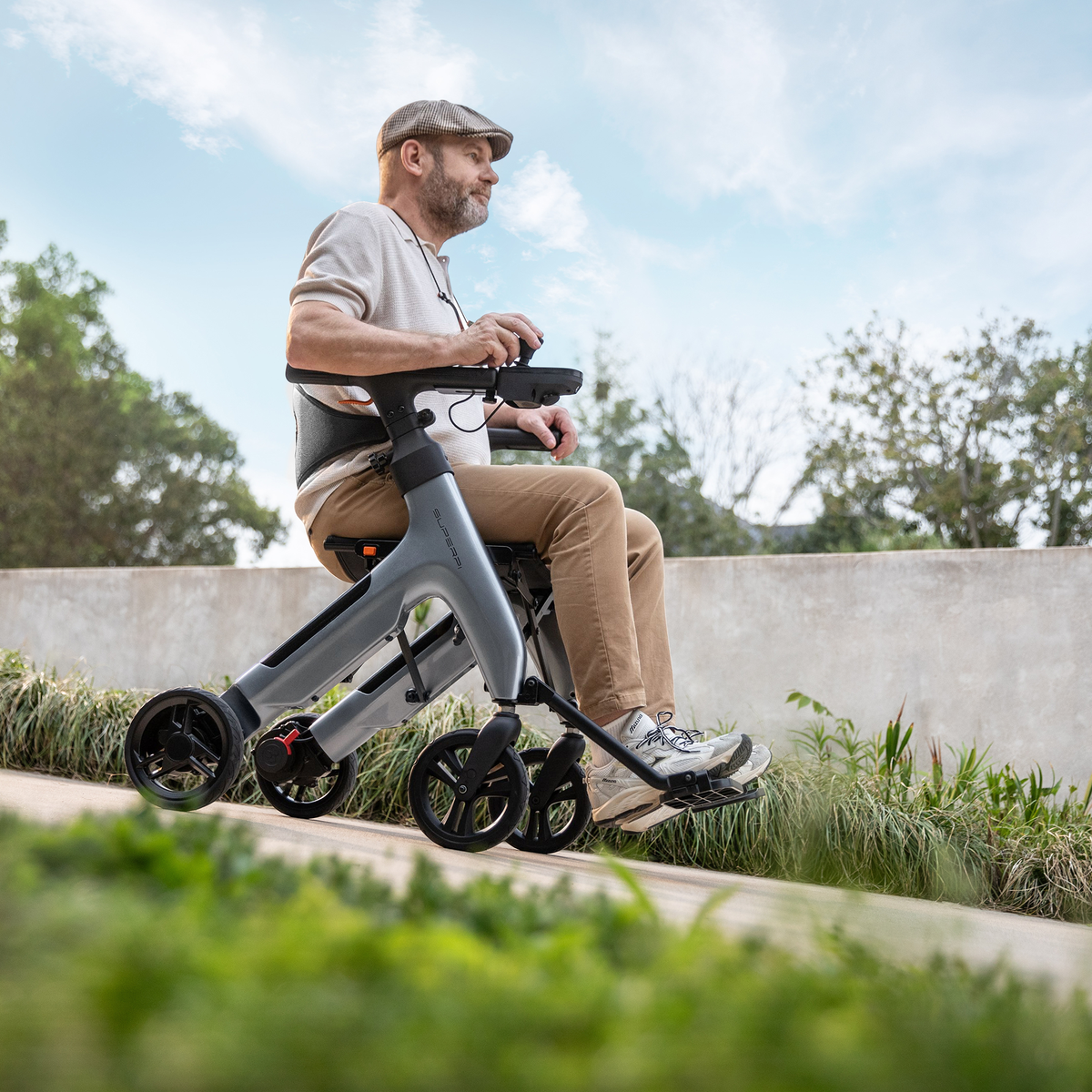 SuperPi W1 4-in-1 Electric Rollator Wheelchair, Red, Carbon Fiber, Power Assist Walker & Transport Chair, 265 lb Capacity, Folds in 1 Second
