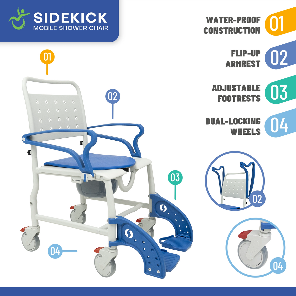 SideKick Rolling Shower Commode Chair Lightweight Shower Wheelchair with Commode Opening (400 lb Capacity)
