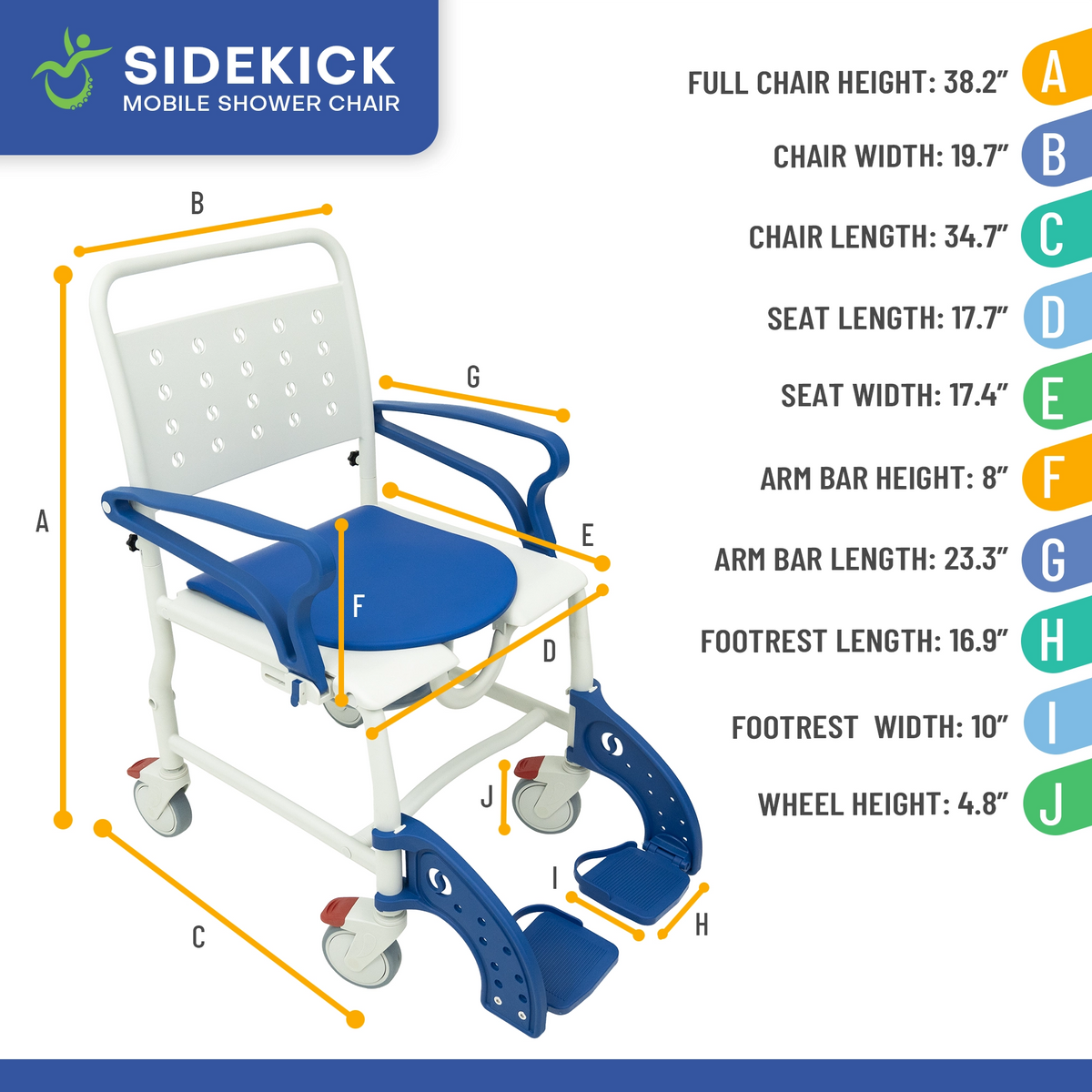 SideKick Rolling Shower Commode Chair Lightweight Shower Wheelchair with Commode Opening (400 lb Capacity)