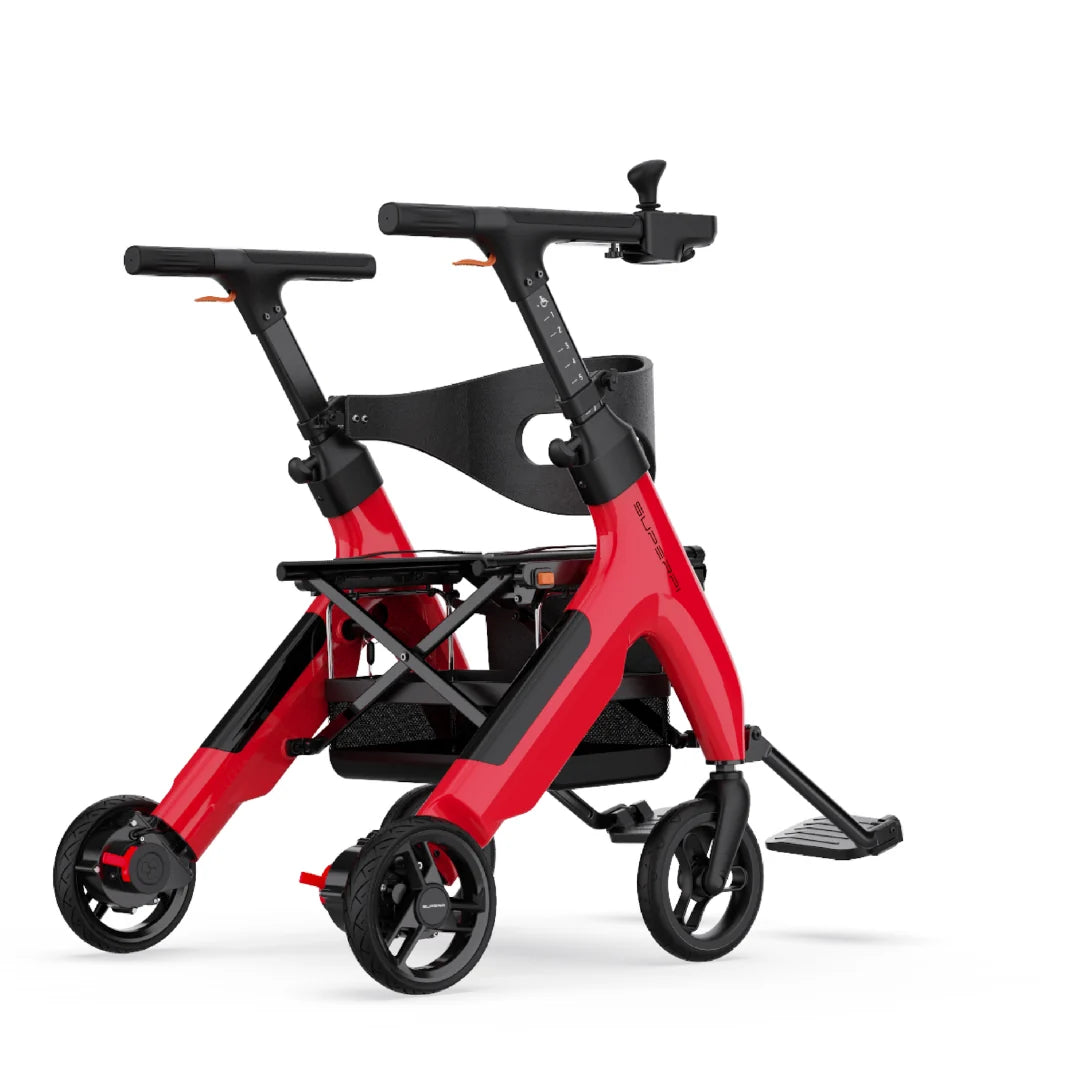 SuperPi W1 4-in-1 Electric Rollator Wheelchair, Red, Carbon Fiber, Power Assist Walker & Transport Chair, 265 lb Capacity, Folds in 1 Second