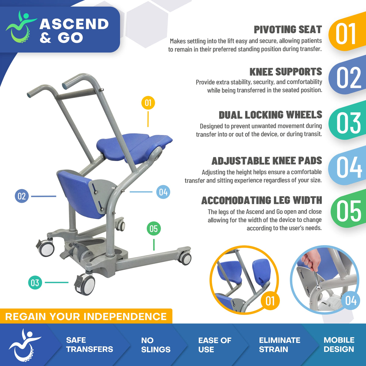 Ascend & Go Sit to Stand Patient Lift Stand Assist for Partial Weight Bearing Users (400 lb Capacity)
